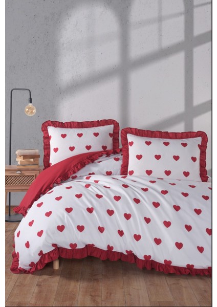Love Kalpli Desen Fırfırlı Çift Kişilik Nevresim Takımı