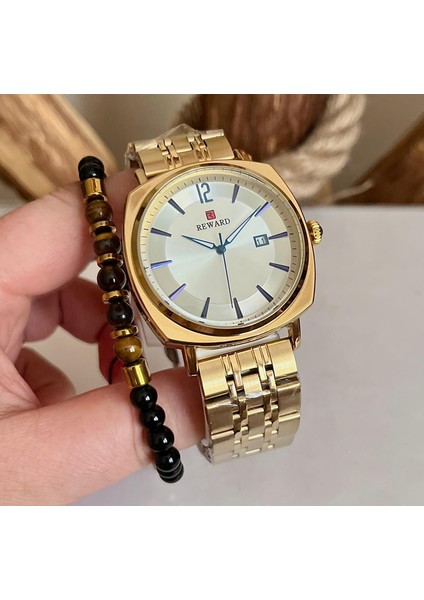 Çelik Kordon Gold Renk Takvimli Erkek Kol Saati+Bileklik