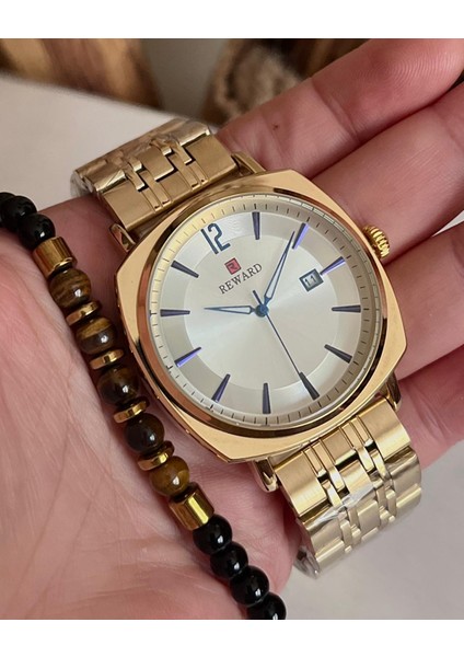 Çelik Kordon Gold Renk Takvimli Erkek Kol Saati+Bileklik modelleri