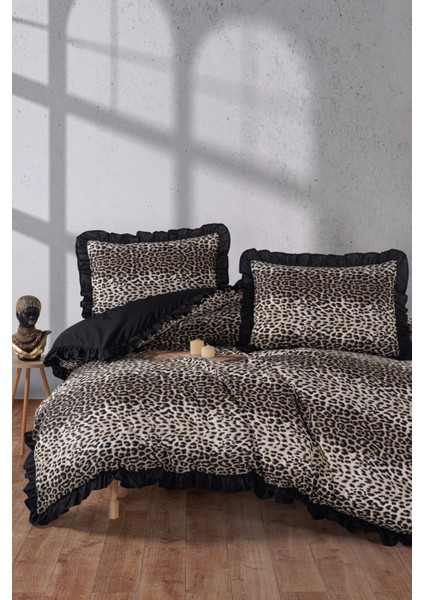 Leopar Desenli %100 pamuk Fırfırlı Çift Kişilik Nevresim Takımı
