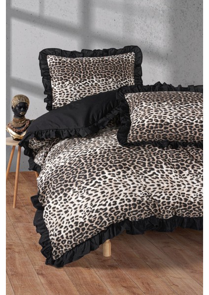 Leopar Desenli %100 pamuk Fırfırlı Çift Kişilik Nevresim Takımı