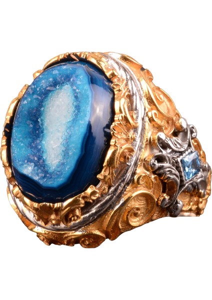 Doğal Druzy Kuvars ile Gümüş Doğum Taşı Yüzüğü - Gümüş Erkek Büyük Yüzük