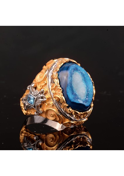 Doğal Druzy Kuvars ile Gümüş Doğum Taşı Yüzüğü - Gümüş Erkek Büyük Yüzük fiyatları