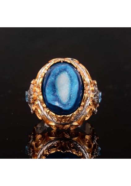 Doğal Druzy Kuvars ile Gümüş Doğum Taşı Yüzüğü - Gümüş Erkek Büyük Yüzük modelleri