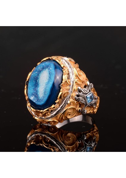 Doğal Druzy Kuvars ile Gümüş Doğum Taşı Yüzüğü - Gümüş Erkek Büyük Yüzük fırsatları