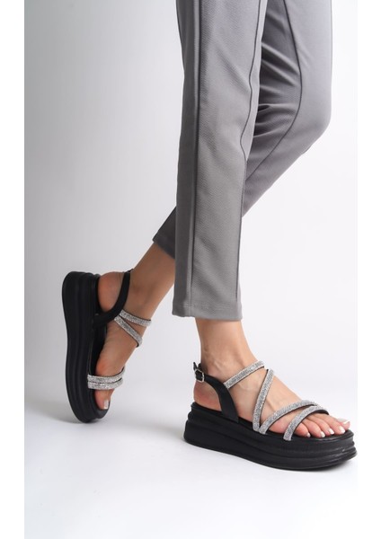 Rıley Ince Tokalı Taşlı Şeritli Ortopedik Taban Kadın Sandalet - St Siyah