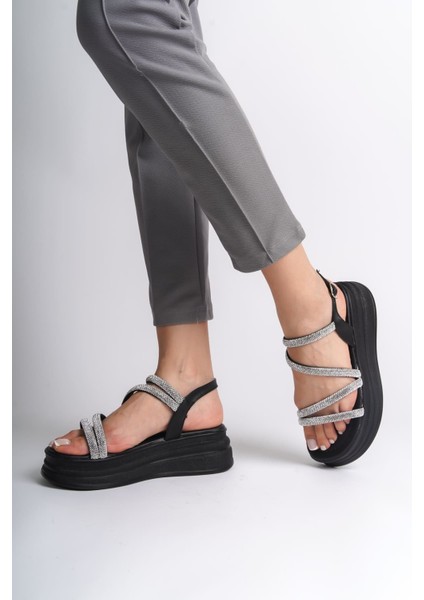 Rıley Ince Tokalı Taşlı Şeritli Ortopedik Taban Kadın Sandalet - St Siyah fiyatları