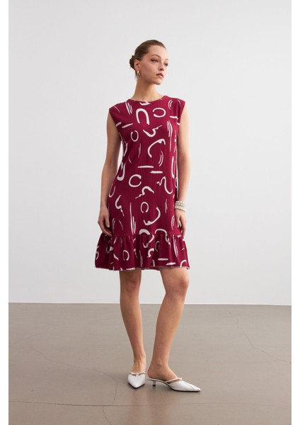 Kadın Bordo Desenli Kolsuz Mini Krinkıl Elbise modelleri