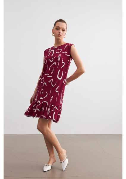 Kadın Bordo Desenli Kolsuz Mini Krinkıl Elbise fırsatları