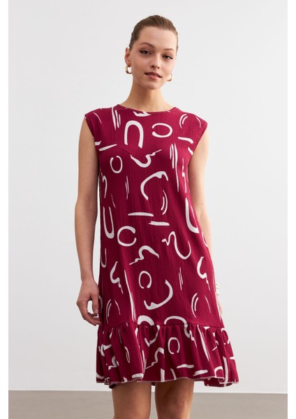 Kadın Bordo Desenli Kolsuz Mini Krinkıl Elbise