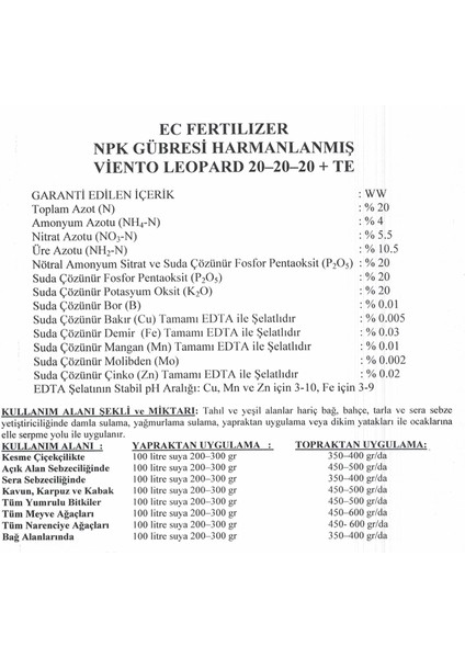 Leopard 20-20-20 15KG Klorsuz Enzimli Npk fiyatları