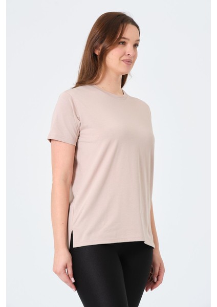 Giyim Oversize Bisiklet Yaka Kısa Kollu Tişört Bej