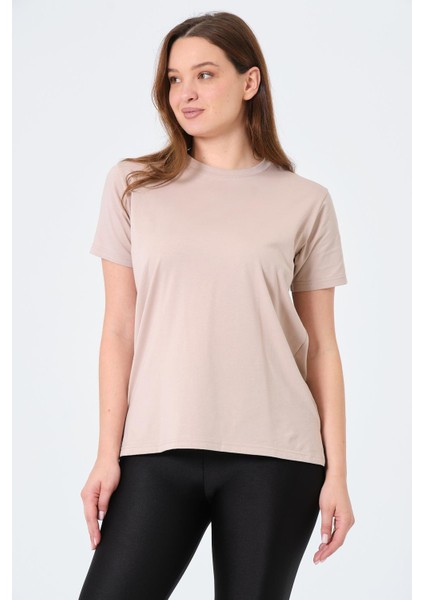 Giyim Oversize Bisiklet Yaka Kısa Kollu Tişört Bej fiyatları