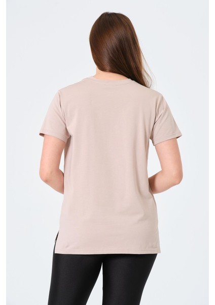 Giyim Oversize Bisiklet Yaka Kısa Kollu Tişört Bej indirimleri