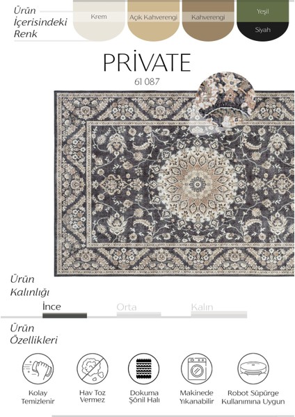 Private Siyah Eskitme Vintage Halı Çiçek Desen Dokuma Şönil Halı Yıkanabilir Salon Halısı