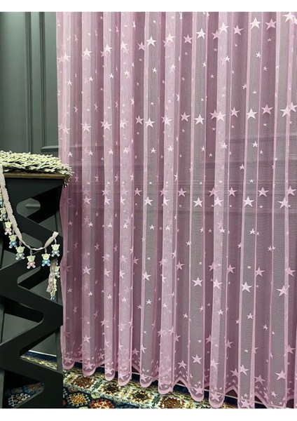 Çocuk Odası Tül Perdesi, Yıldız Desen Pembe Perde, Kız Çocuk Odası Perdesi