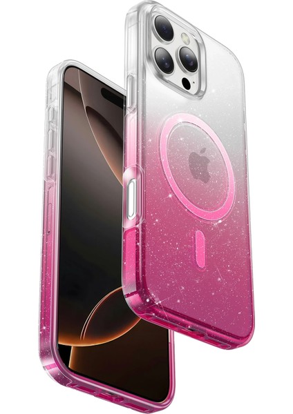 Apple iPhone 16 Pro Max Uyumlu Simli Magsafe Özellikli Renk Geçişli Parlak Şeffaf Lillian Kapak