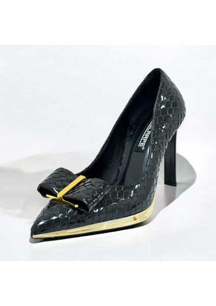 5508 Siyah Cam Kırığı Altın Metal Platform Topuklu Kadın Ayakkabı