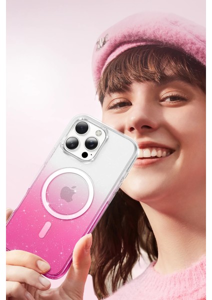 Apple iPhone 16 Pro Uyumlu Simli Magsafe Özellikli Renk Geçişli Parlak Şeffaf Lillian Kapak fiyatları