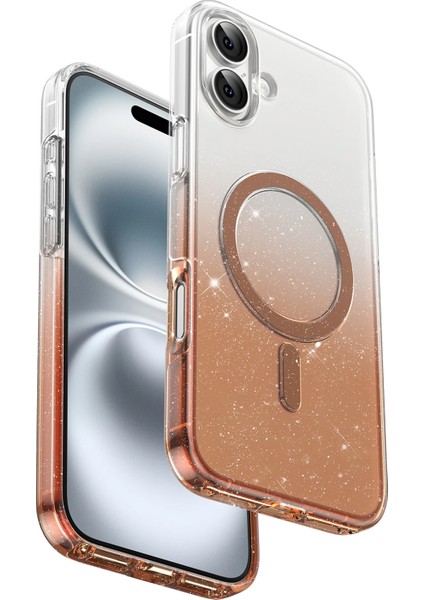 Apple iPhone 16 Uyumlu Simli Magsafe Özellikli Renk Geçişli Parlak Şeffaf Glitter Lillian Kapak