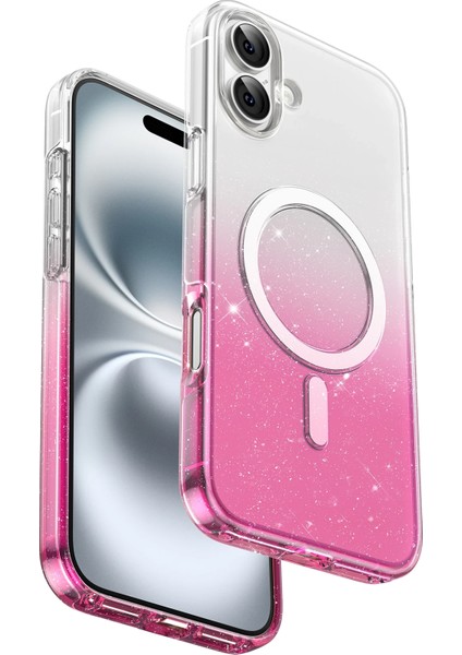 Apple iPhone 16 Uyumlu Simli Magsafe Özellikli Renk Geçişli Parlak Şeffaf Glitter Lillian Kapak