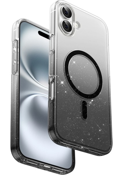 Apple iPhone 16 Uyumlu Simli Magsafe Özellikli Renk Geçişli Parlak Şeffaf Glitter Lillian Kapak
