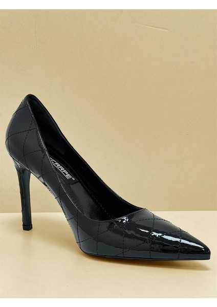 5141 Siyah Rugan Kapitone Dikiş Detaylı Kadın Topuklu Ayakkabı 3 modelleri