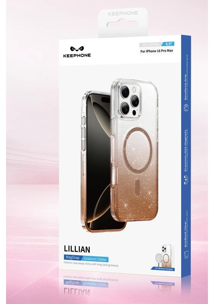 Apple iPhone 16 Pro Max Uyumlu Simli Magsafe Özellikli Renk Geçişli Parlak Şeffaf Lillian Kapak indirimleri