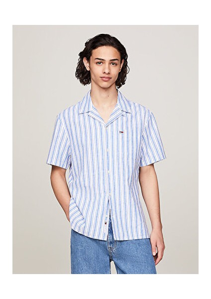 Tommy Jeans Erkek Keten Çizgili Kısa Kollu Gömlek