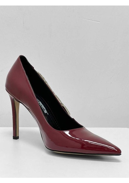 0865 Bordo Rugan Kadın Sivri Burun Parmak Dekolteli Yan Taşlı Zincir Detaylı Topuklu Ayakkabı modelleri