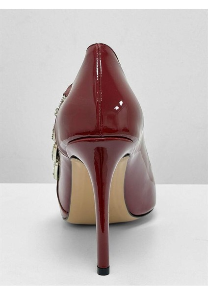 0865 Bordo Rugan Kadın Sivri Burun Parmak Dekolteli Yan Taşlı Zincir Detaylı Topuklu Ayakkabı indirimleri