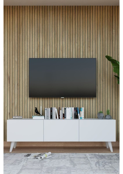 Modern Beyaz 3 Kapaklı Tv Ünitesi 140 Cm Geniş Depolama Alanı, Salon, Fonksiyonel Tv Sehpası