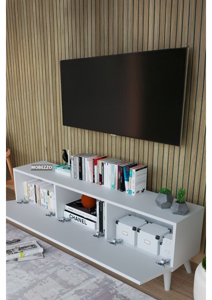 Modern Beyaz 3 Kapaklı Tv Ünitesi 140 Cm Geniş Depolama Alanı, Salon, Fonksiyonel Tv Sehpası