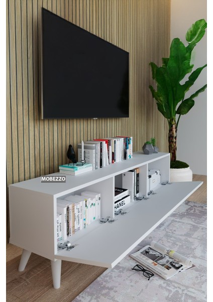 Modern Beyaz 3 Kapaklı Tv Ünitesi 140 Cm Geniş Depolama Alanı, Salon, Fonksiyonel Tv Sehpası