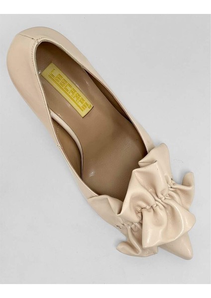 4527 Açık Bej Kırışık Cilt Kurdele Detay Topuklu Kadın Ayakkabı fırsatları