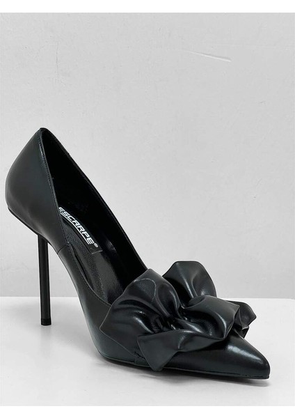 4527 Siyah Kırışık Mat Kurdele Detay Topuklu Kadın Ayakkabı