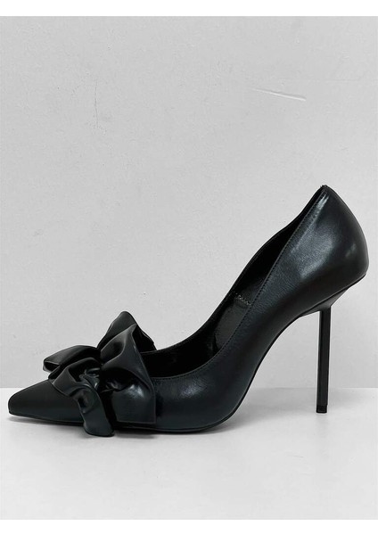 4527 Siyah Kırışık Mat Kurdele Detay Topuklu Kadın Ayakkabı modelleri