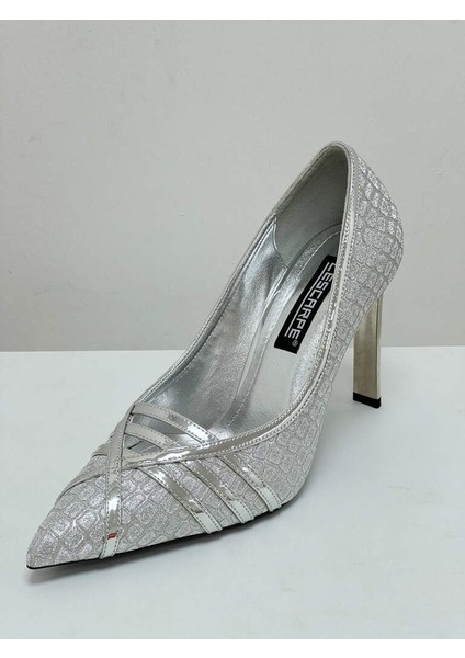 5171 Gümüş Kroko Topuklu Kadın Ayakkabı