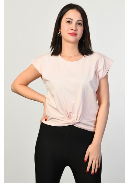 Omzu Geniş Kadın Tişört - Pembe Pembe - 34