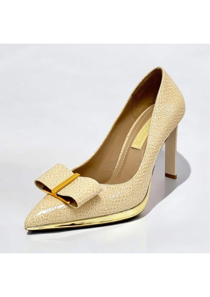 5508 Bej Cam Kırığı Altın Metal Platform Topuklu Kadın Ayakkabı