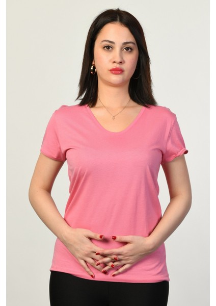 V Yaka Kısa Kollu Kadın Tişört - Pembe Pembe - 40 fiyatları