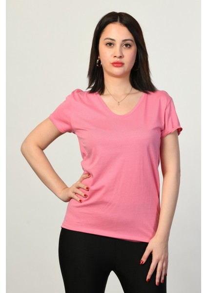 V Yaka Kısa Kollu Kadın Tişört - Pembe Pembe - 40 modelleri