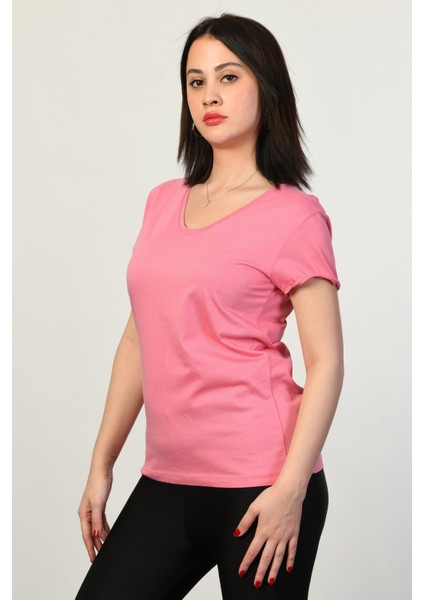 V Yaka Kısa Kollu Kadın Tişört - Pembe Pembe - 40 fırsatları