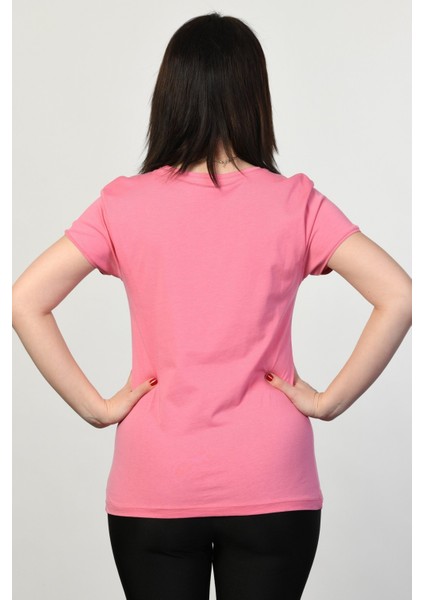 V Yaka Kısa Kollu Kadın Tişört - Pembe Pembe - 40 indirimleri