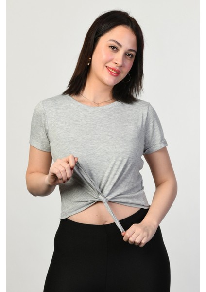 Bisiklet Yaka Kadın Tişört - Gri Gri - 40
