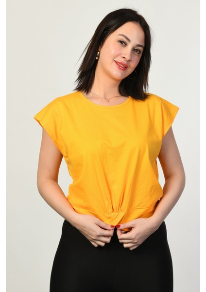 Omzu Geniş Kadın Tişört - Sarı Sarı - 36