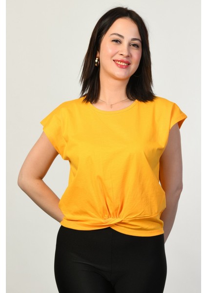 Omzu Geniş Kadın Tişört - Sarı Sarı - 36