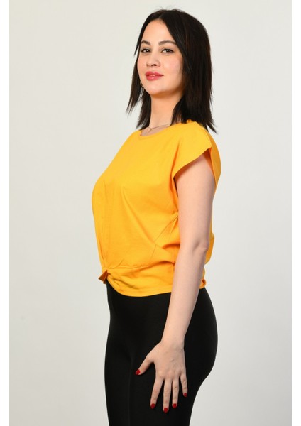 Omzu Geniş Kadın Tişört - Sarı Sarı - 36