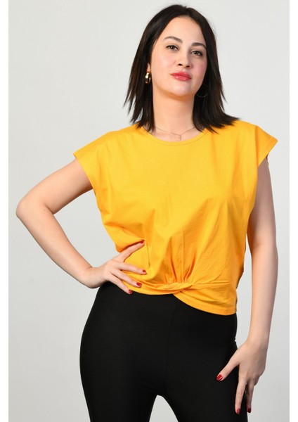 Omzu Geniş Kadın Tişört - Sarı Sarı - 36