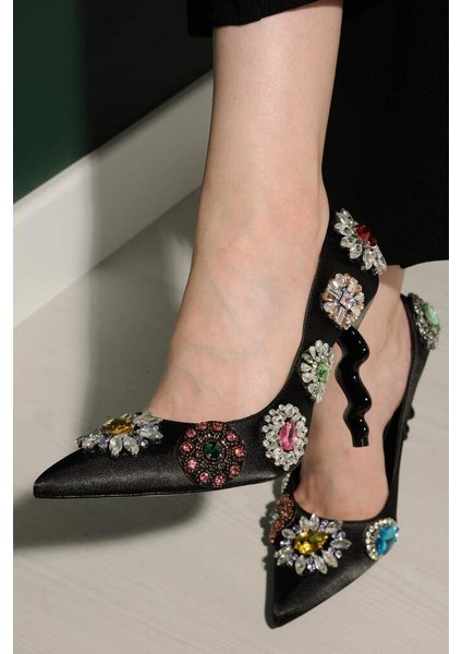 1006 Siyah Özel Tasarım Kristal Taş Detaylıkadın Ithal Topuklu Ayakkabı